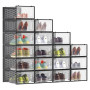 SONGMICS Boîtes à Chaussures, Lot de 18, Rangement Chaussures, Pliable, pour Pointure jusqu’à 44, Transparent et Noir LSP18SBKV1