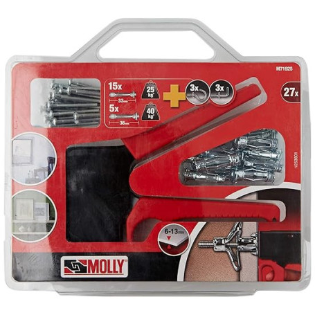 MOLLY Kit de 20 Chevilles de fixation - 15 Chevilles 4 x 33mm et 5 Chevilles 5 x 36mm + Pince de pose, Gris, Set de 27 pièces M7