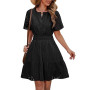 Svanco Robe Femme Été en Coton, Col en V, Manches Courtes, Longueur du Genou, Robes Chic et Elegant Amincissantes à Taille Haute