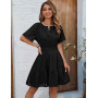 Svanco Robe Femme Été en Coton, Col en V, Manches Courtes, Longueur du Genou, Robes Chic et Elegant Amincissantes à Taille Haute