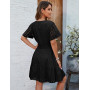 Svanco Robe Femme Été en Coton, Col en V, Manches Courtes, Longueur du Genou, Robes Chic et Elegant Amincissantes à Taille Haute