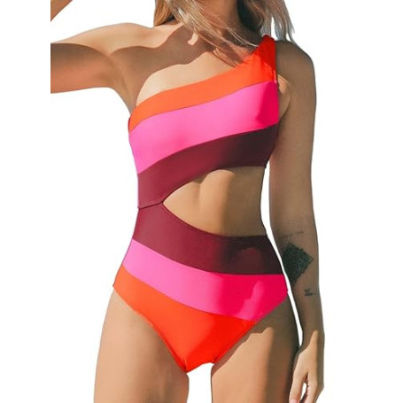 CUPSHE Maillot de bain une pièce pour femme, asymétrique, avec découpe, couleurs contrastantes