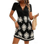EIRUKON Robe Ete Femme Col V Chic et Elegant Manches Courtes Mini Robe A-Line Décontractée Robes Taille Haute pour Fête Noël Mar