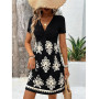 EIRUKON Robe Ete Femme Col V Chic et Elegant Manches Courtes Mini Robe A-Line Décontractée Robes Taille Haute pour Fête Noël Mar