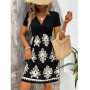 EIRUKON Robe Ete Femme Col V Chic et Elegant Manches Courtes Mini Robe A-Line Décontractée Robes Taille Haute pour Fête Noël Mar