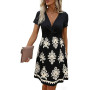 EIRUKON Robe Ete Femme Col V Chic et Elegant Manches Courtes Mini Robe A-Line Décontractée Robes Taille Haute pour Fête Noël Mar