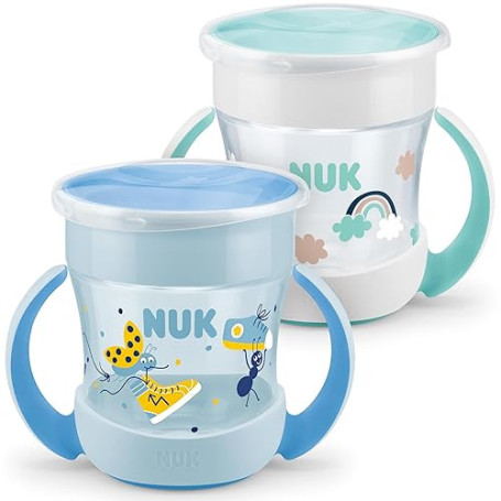 NUK Mini Magic Cup Tasse d’Apprentissage | Rebord antifuite 360° | 6+ mois | Poignées ergonomiques | 160 ml | Bleu et turquoise