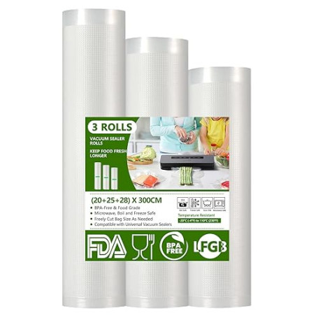 Diboniur Sac Sous Vide Alimentaire, 3 Rouleaux 28/25/20 x 300cm Sac Sous Vide, Réutilisable Sachet Sous Vide Alimentaire, Convie