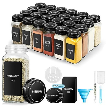 BAVATEE 24 Pièces Pot à ÉPices Carrés Noirs avec Couvercles à Visser, 120 ml (10,5 X 4,5 cm) Bocaux à Épices, Bocal Epices avec