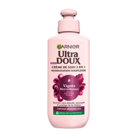 Garnier Ultra Doux Vignes Merveilleuses pour Cheveux Déshydratés - Crème de Soin 2-en-1 Hydratation Souplesse - À l'huile de pép
