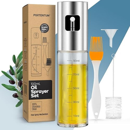 PORTENTUM Pulvérisateur d’Huile 100 ml en Inox, Huile Spray Cuisine et Friteuse à Air, Huilier en Verre avec Accessoires Antigou