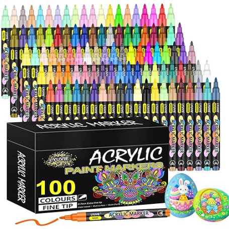 Lyuvie Feutre Acrylique, 100 Couleur Marqueur Peinture Acrylique pour Textile Verre Galets Métal Tissu Bois Céramique, Permanent