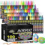 Lyuvie Feutre Acrylique, 100 Couleur Marqueur Peinture Acrylique pour Textile Verre Galets Métal Tissu Bois Céramique, Permanent