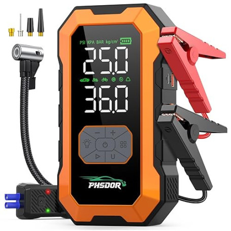 8000A Booster Batterie Voiture avec Gonfleur 150PSI, 25000mAh Démarreur Batterie Voiture (Tous Gaz ou 10L Diesel), 12V Booster d