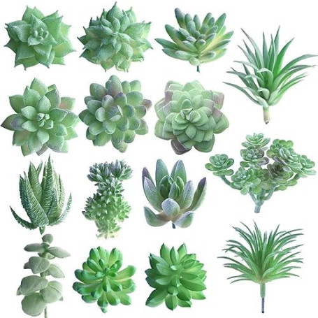 FEPITO 15 Pcs Artificielles Plantes Succulentes Vert sans Empotage Faux Fleur Succulentes Mini Echeveria Pics Tiges en Vrac pour