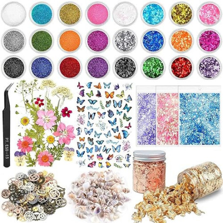 d'accessoires en résine époxy avec paillettes, fleurs sèches, autocollants papillon, feuille d'or, coquillages, engrenages, pinc