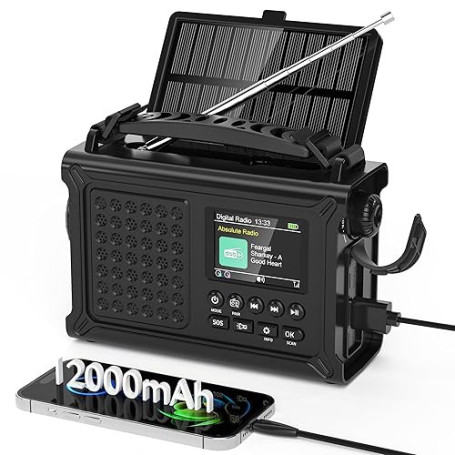 Dab/Dab+/FM Radio Solaire Manivelle, Radio d'urgence avec 8500mm² Grand Panneau Solaire, Lampe Torche LED & Lampe de Lecture, Ho