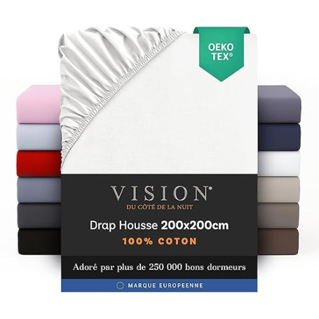 Vision Drap Housse - 100% Coton Lit Kingsize (200x200cm) - Blanc | Coins Élastiqués | Tissage Serré: 57 Fils | Convient aux Mate