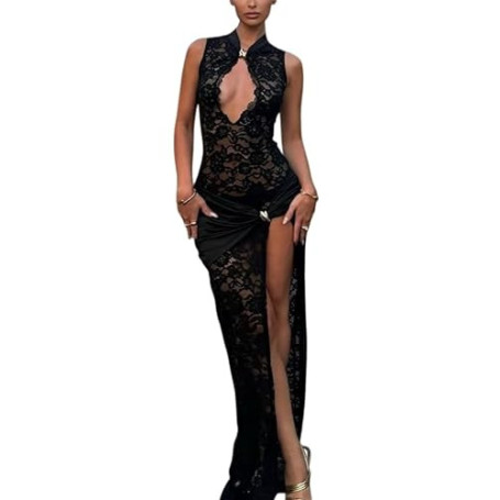 Sukiglam Robe Femme Sexy sans Manches Maxi Robes Col Montant Transparente Dentelle Moulante Robe Longue avec Fente Profonde Ete