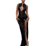 Sukiglam Robe Femme Sexy sans Manches Maxi Robes Col Montant Transparente Dentelle Moulante Robe Longue avec Fente Profonde Ete
