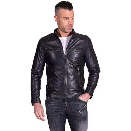 D'Arienzo Veste Cuir Marron Homme Blouson Motard Cuir Véritable Made in Italy Hamilton