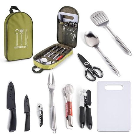 10 Pièces Ustensiles de Cuisine Camping Accessoires Essentiels Inoxydables pour Pique-Nique et Randonnées