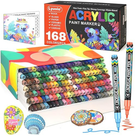 Lyuvie 168 Couleur Feutres Acryliques,Marqueur Peinture Acrylique avec Pointe Extra Fine de 0,7 mm,Permanent Stylo Peinture Acry