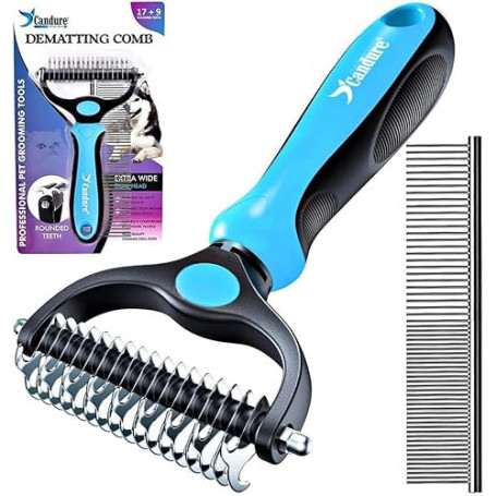 Candure Brosse Chien et Chat Professionnel Brosse Chien Poil Long Toilettage du Chien Râteau Dents à Double Face 17+9 Élimine Le