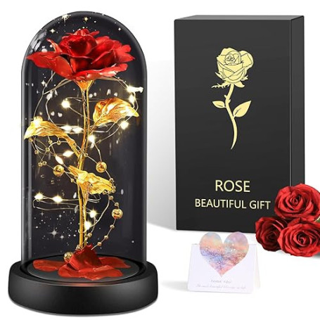 BOLEi Rose Eternelle Cadeau pour Femmes, Rose sous de La Belle et La Bête, Rose Rouge avec LED, Cadeau Saint Valentin pour Femme