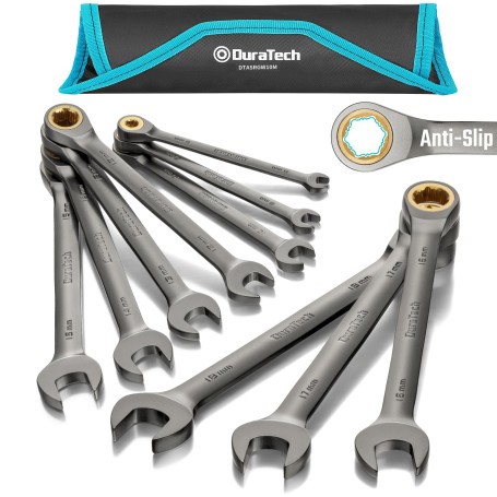 DURATECH Jeu de 10 clés mixtes à cliquet antidérapantes, métriques 6-18 mm, 72 dents, nickelées, acier CR-V, avec pochette