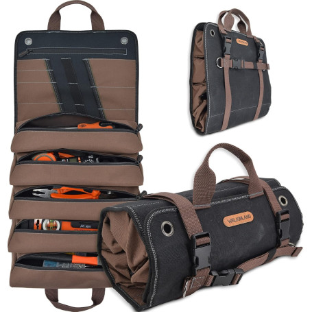WELKINLAND Rouleau à Outils en Toile Cirée Robuste - 15 Poches, Capacité 15 L, Sac à Outils Enroulable, Organisateur