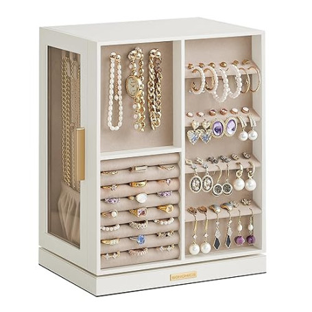 SONGMICS Boîte à Bijoux Rotative à 360°, Coffret à Bijoux avec 5 Tiroirs, Fenêtres en Verre Latérales, Grand, Rangement pour Acc