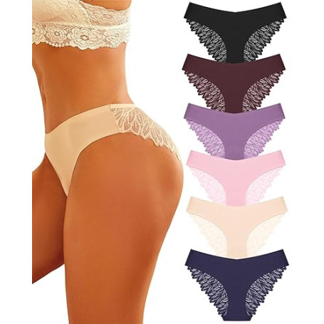 FINETOO Lot de 6 Culottes sans Couture Femme Culotte Dentelle Invisible Culottes Confort Slip a La Mode Slips Taille S à XL