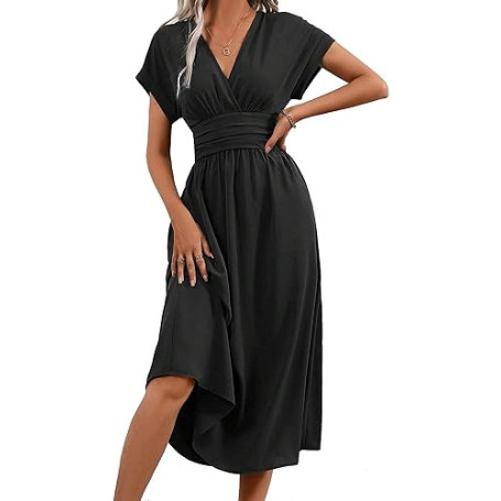 QUNERY Robe Longue Femme Ete Elégante Robes de Plage Manches Courtes V Taille Haute Unie Maxi Dress Casual et Chic