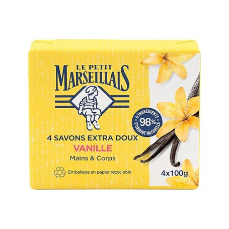Le Petit Marseillais – Savon Extra Doux Vanille (lot de 4 pains de 100 g) – Savon solide mains & corps avec 98 % d'ingrédients d