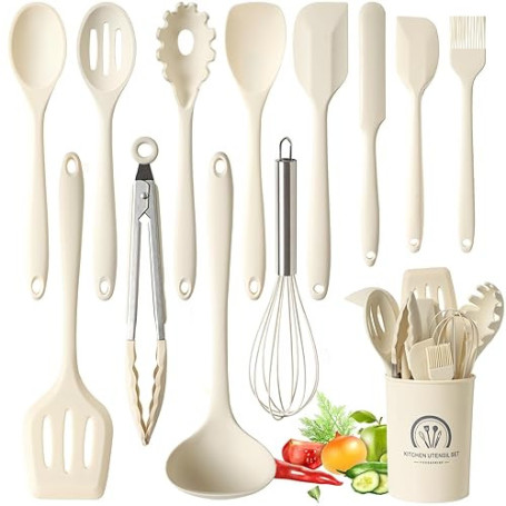 Omtofo 13 Pièces Set Ustensile Cuisine Silicone, sans BPA, Antiadhésive Anti-Rayures Cuisine Accessoires, Passe au lave-vaissell