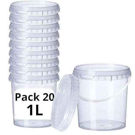 GROWMANIA Lot de 20 seaux en plastique transparent avec poignée 1 l – Boîte de rangement hermétique pour aliments, liquides et p