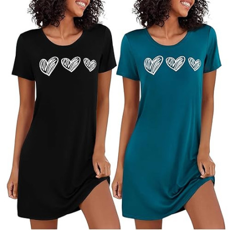 Marvmys Chemise De Nuit Femme en Coton Robe De Nuit à Manches Courtes Vêtement De Nuit Col Rond Imprimé Cœur Deux Pièces S-4XL
