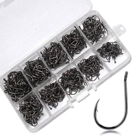 GNALIA Hameçons - 200 Pièces Noirs Avec Barbilles 10 Tailles (3-12), Acier Carbone Pour Pêche Carpe Et Poisson, Boîte Plastique
