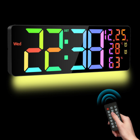 Horloge Murale Numérique LED 16,5'' avec Télécommande, Luminosité Automatique, Heure d'Été, Température, Date, Jour, Double Alar