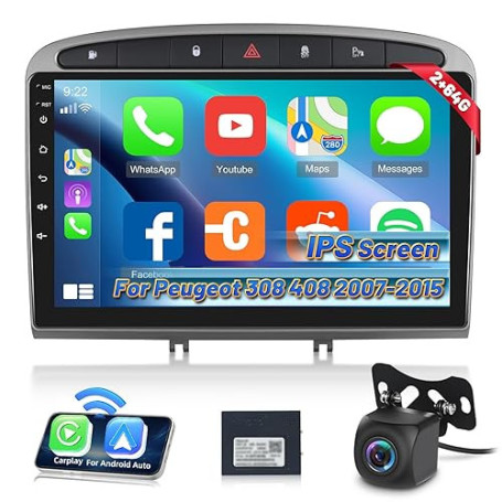 Autoradio pour Peugeot 308 408 2007-2015, [2G+64G] Autoradio Android à Écran Tactile avec sans Fil Carplay et Android Auto/Bluet