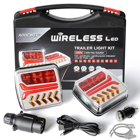 AOHEWEI Feux arrière de remorque sans fil LED Feux arrière de camion magnétiques sans câble 12 V approuvés ECE avec prise 7 broc