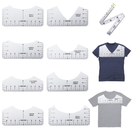 8 Pièces Guide des Tailles pour T-shirts, Règle d'Alignement pour T-shirts, Guide de Règle de T-shirt avec 1.5m Ruban à Mesurer 