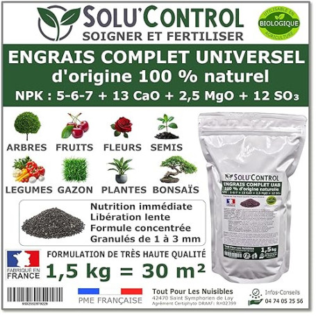 1,5 k d'ENGRAIS COMPLET universel et équilibré - SoluControl - UAB - Utilisable en Agriculture BIOLOGIQUE