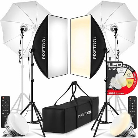 PIXETOOL Softbox Kit Studio Photo et Éclairage - 2 Softbox 50x70 cm, 2 Parapluie Photographie, 2 LED Lampe Photo 4800 Lumens 300