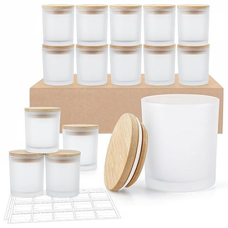 Winter Shore Petit Pot Verre 170 ml avec Couvercles [Lot de 15] - Contenant Bougie Gelé - Pot Bougie Vide - 15 Étiquettes Autoco