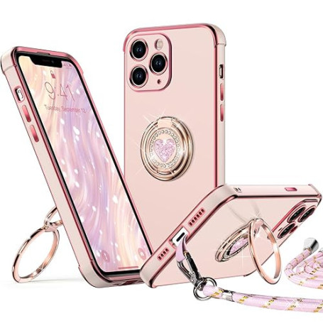 XYZ Coque pour iPhone 11 Pro Max, avec Double Anneau de Support Cœur, avec Lanière pour Filles et Femmes, Coque de Protection de