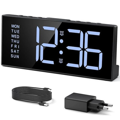 LATEC Réveil pour Dormir Profond, Réveil Numérique de Chevet avec Écran LCD 7’’, 9 Mins de Sonnerie, Double Alarme, Luminosité R