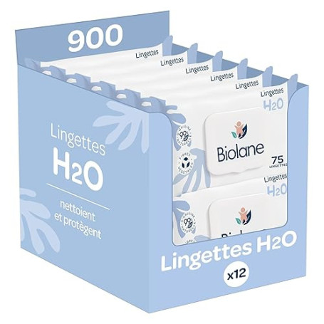 BIOLANE - Lingettes bébé à l'eau - 900 Lingettes - Lot de 12x75 - Nettoyage doux et efficace - Sans Rinçage - Dès la naissance