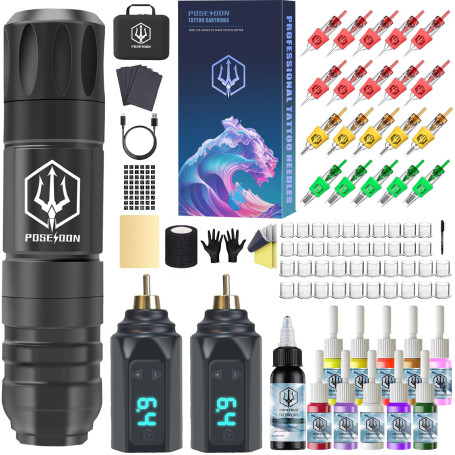 Kit de Machine à Tatouer Rotative Sans Fil POSEIDON avec 20 Cartouches d'Aiguilles,Encres & 2 Batteries Rechargeables | Pistolet